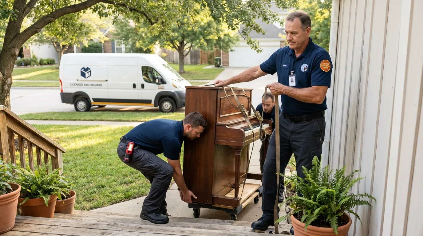 Licensed piano movers securing grand piano in Atlanta, MI