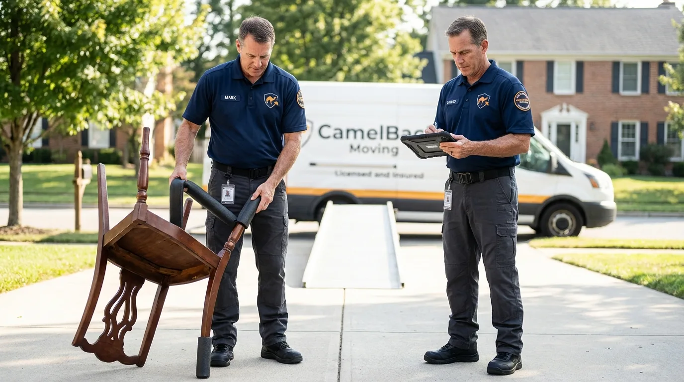Movers inspecting furniture for damage prevention before loading in Atlanta, MI