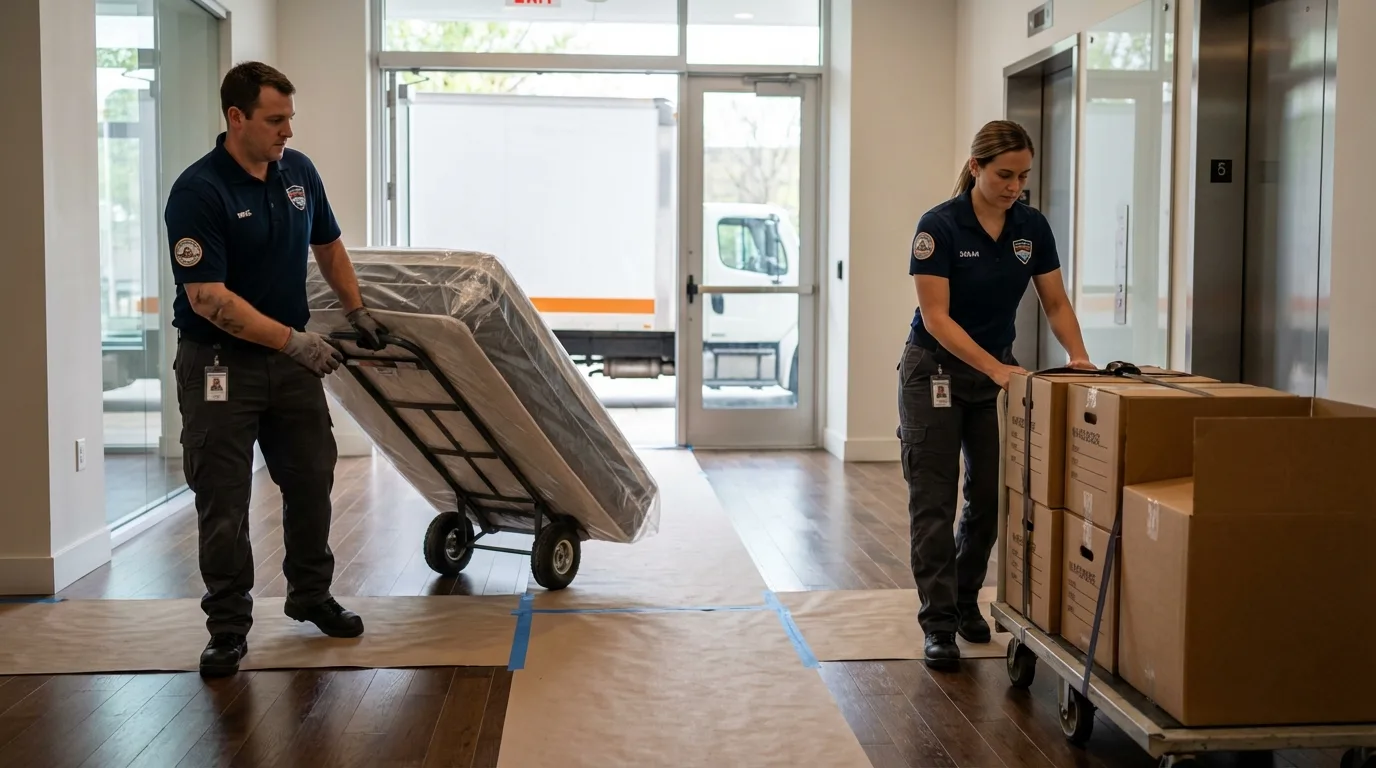 Professional apartment movers loading elevator in Atlanta, MI